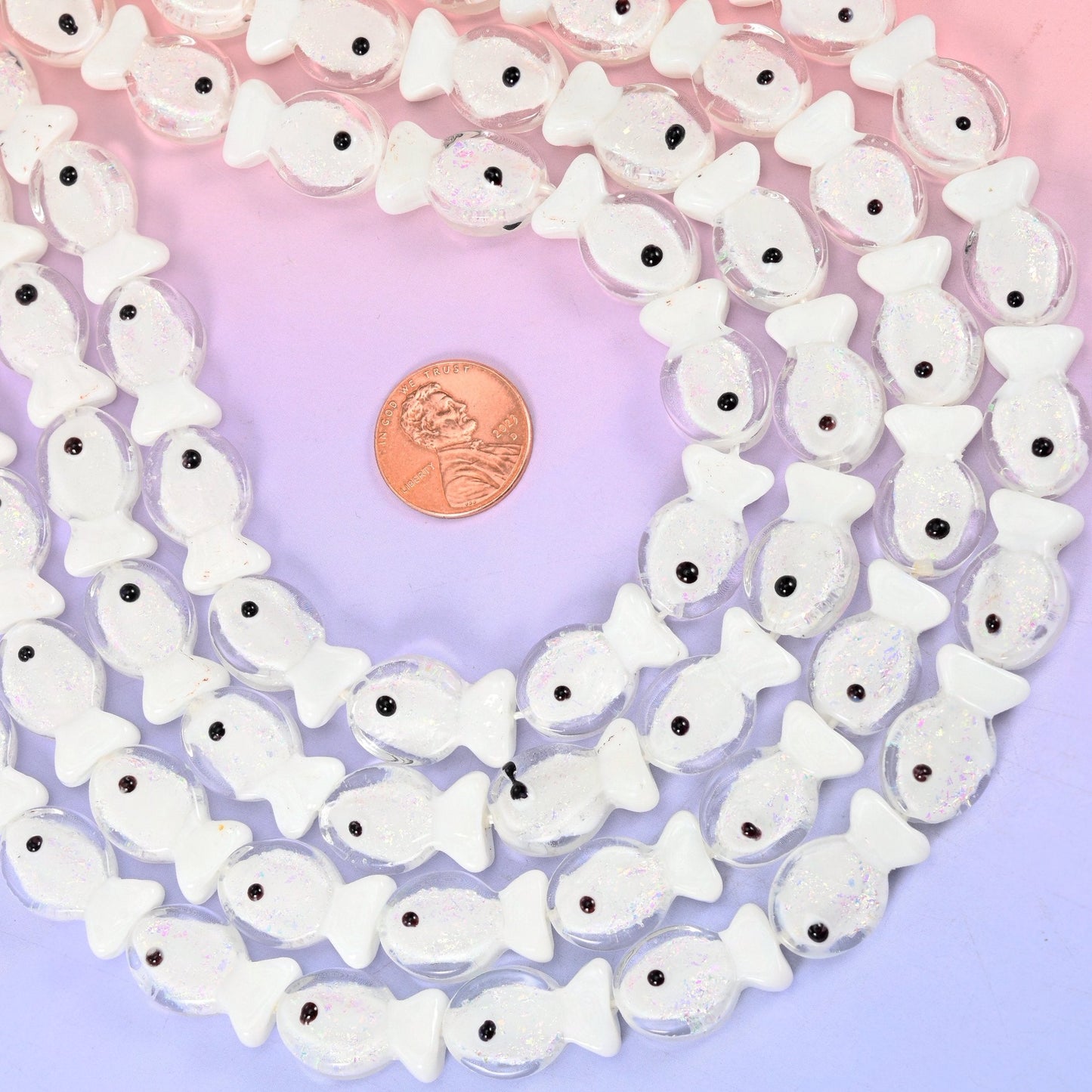 Iridescent White Fish Glass Beads, 20 beads per strand