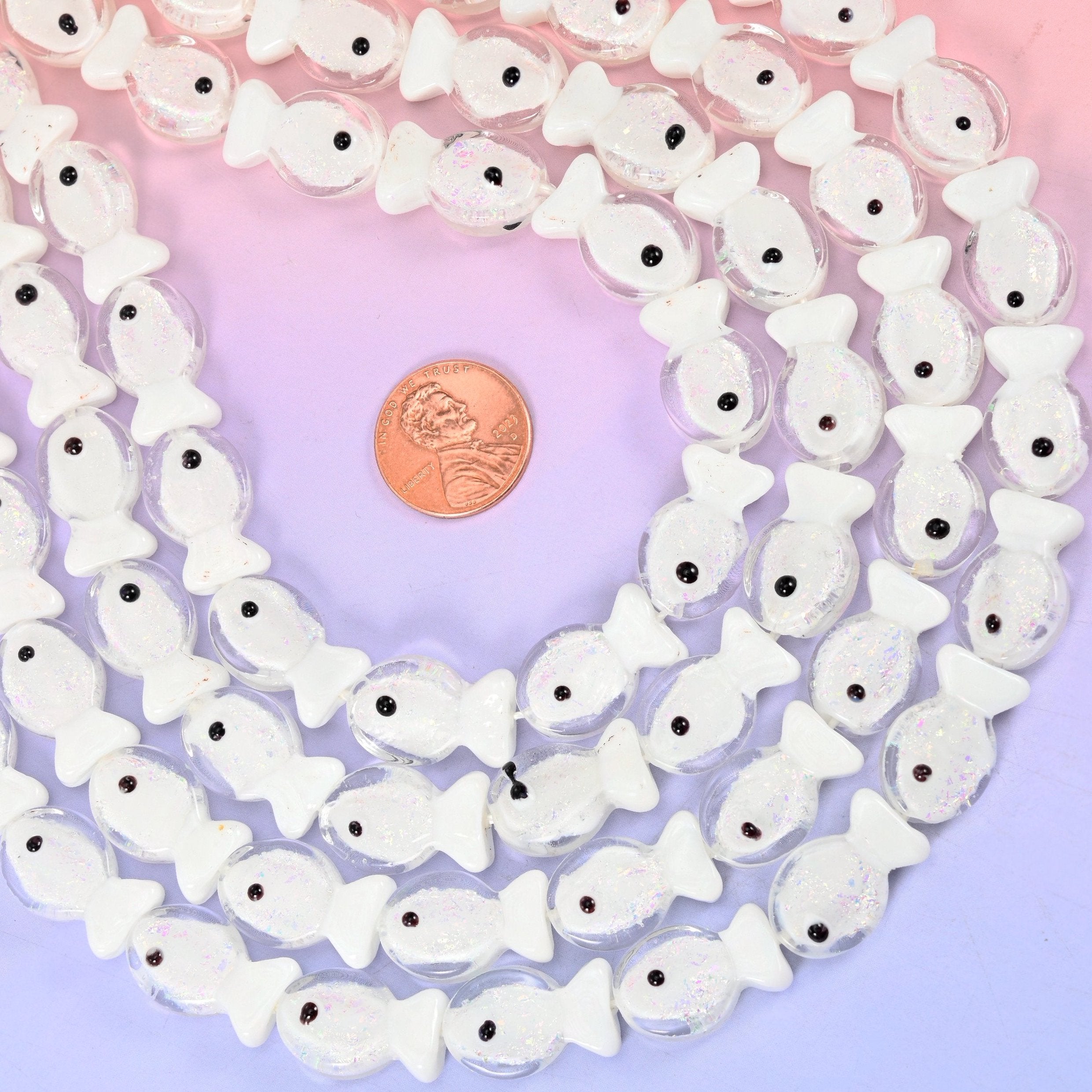 Iridescent White Fish Glass Beads, 20 beads per strand