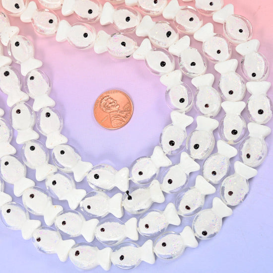 Iridescent White Fish Glass Beads, 20 beads per strand