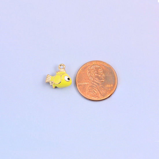 Fish charm at actual size, 12.27 x 11.58mm across and 6.79mm thick.