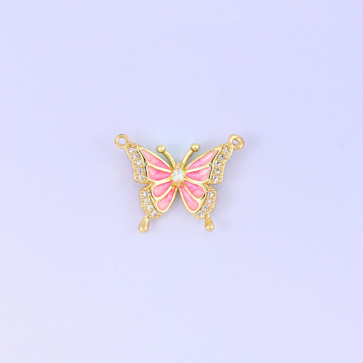 Enamel Pink Butterfly Zircon Pendants: 18K Gold Plated Double Connector, Jewelry Making Supply