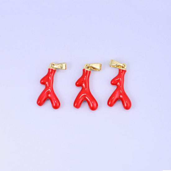 18K Gold Plated Brass Coral Branch Charm Pendant with glossy red enamel over a sculpted branch design