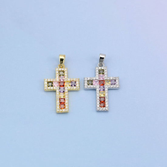 Zirconia cross charms in gold plated and white gold plated, the two finishes side by side