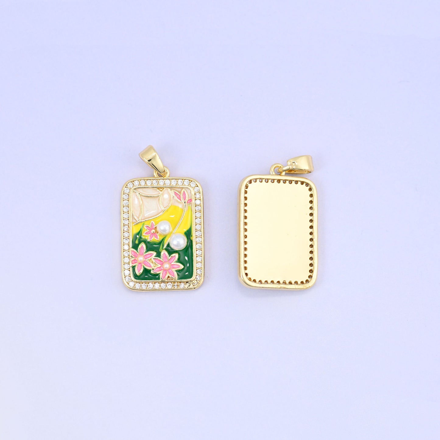 Flower pearl zircon rectangle pendant, hand-painted pink and green floral enamel