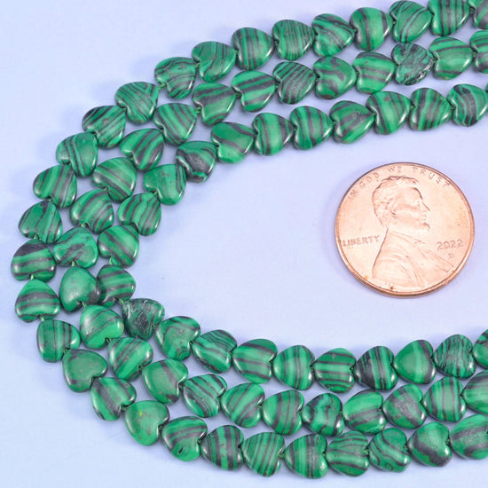 Green Malachite Heart Beads, 15 inch strand