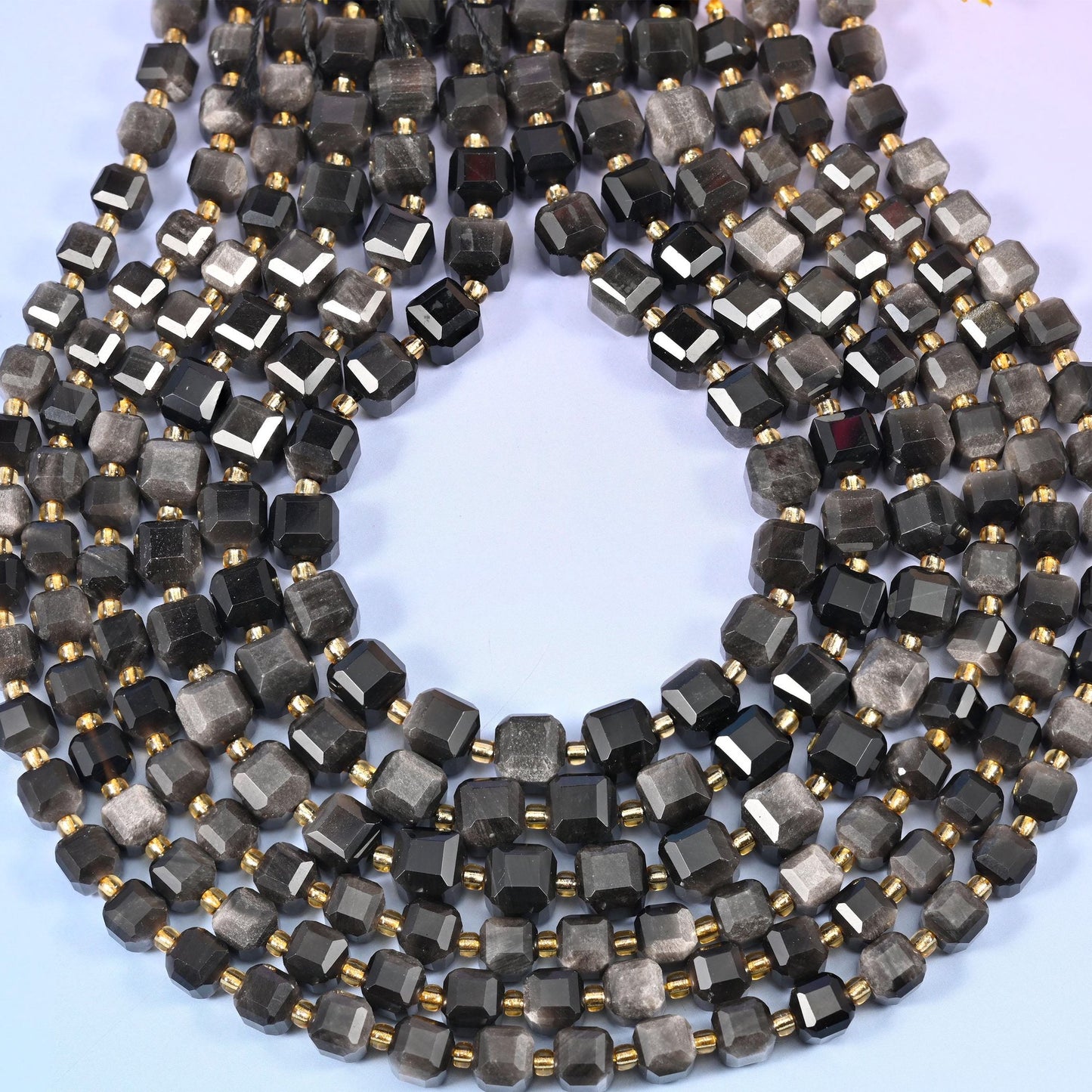 Silver Obsidian Faceted Cube Beads, approximately 1.2mm hole