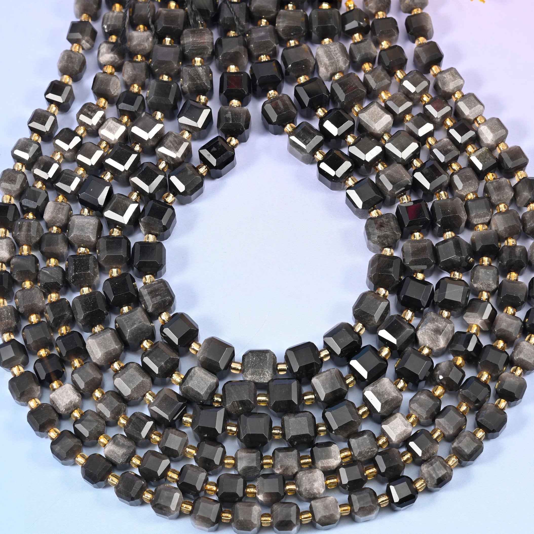 Silver Obsidian Faceted Cube Beads, approximately 1.2mm hole