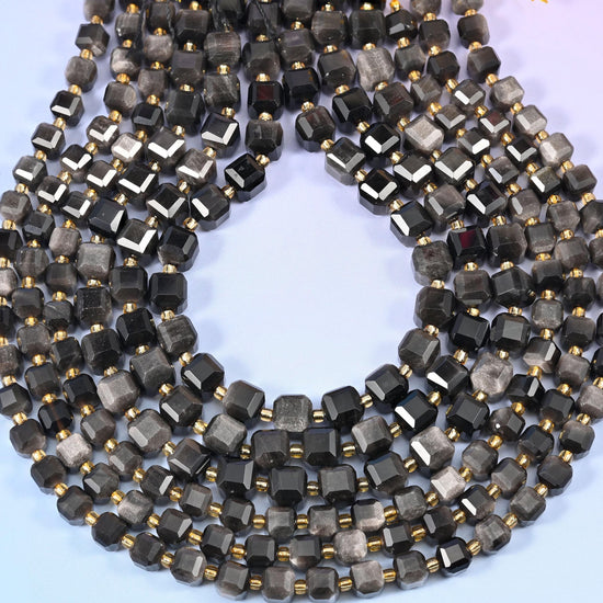Silver Obsidian Faceted Cube Beads, approximately 1.2mm hole
