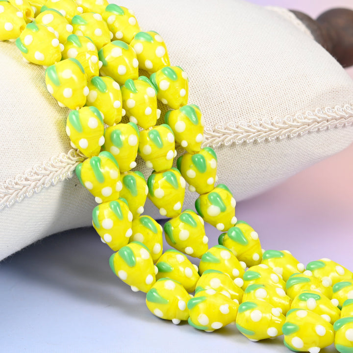 Yellow White Dots Strawberry Glass Beads