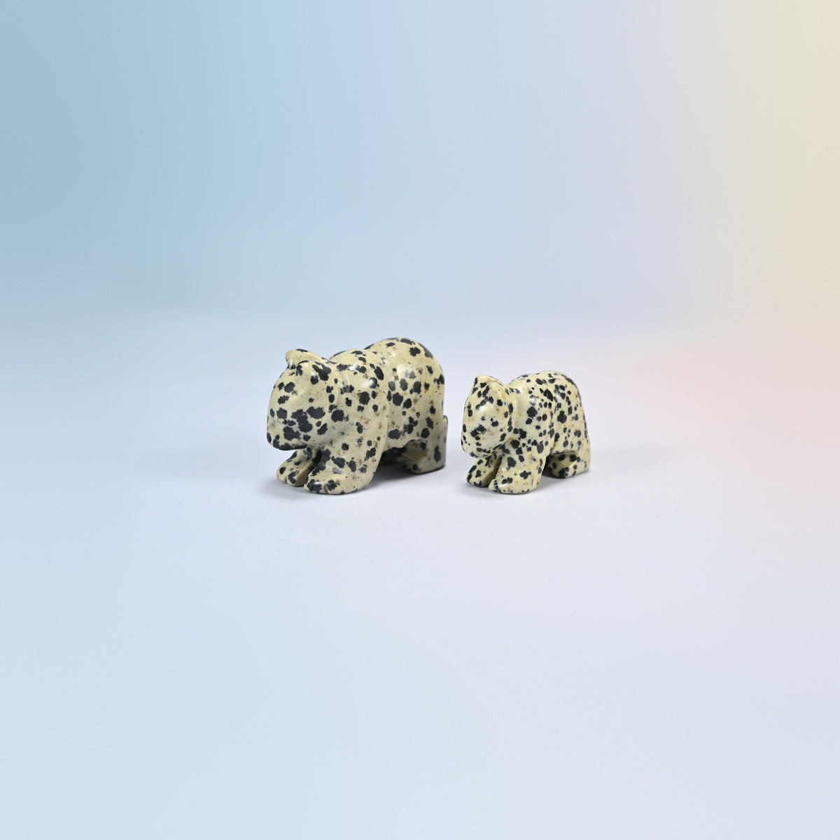 A 2 inch and a 1.5 inch dalmatian jasper bear crystal carving, cream natural stone with black spots