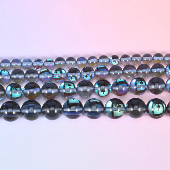 Iridescent Gray Round Glass Beads in smoky grey with a peacock flash of blue, green and violet