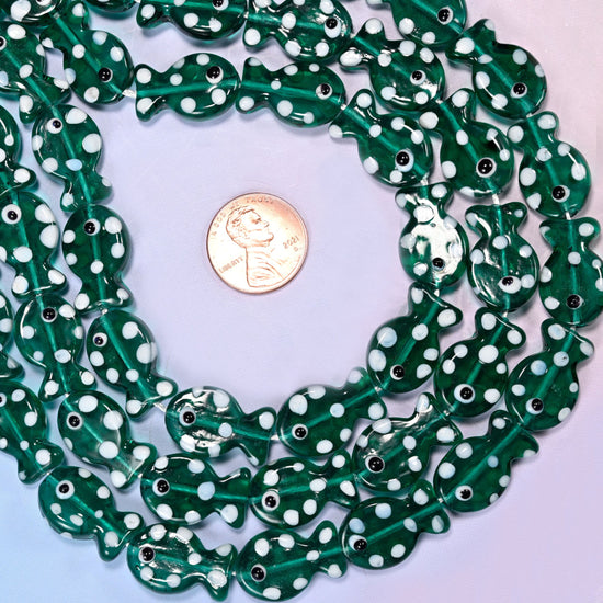 Transparent Jungle Green with White Dot Fish Glass Beads: Jewelry Making Supply