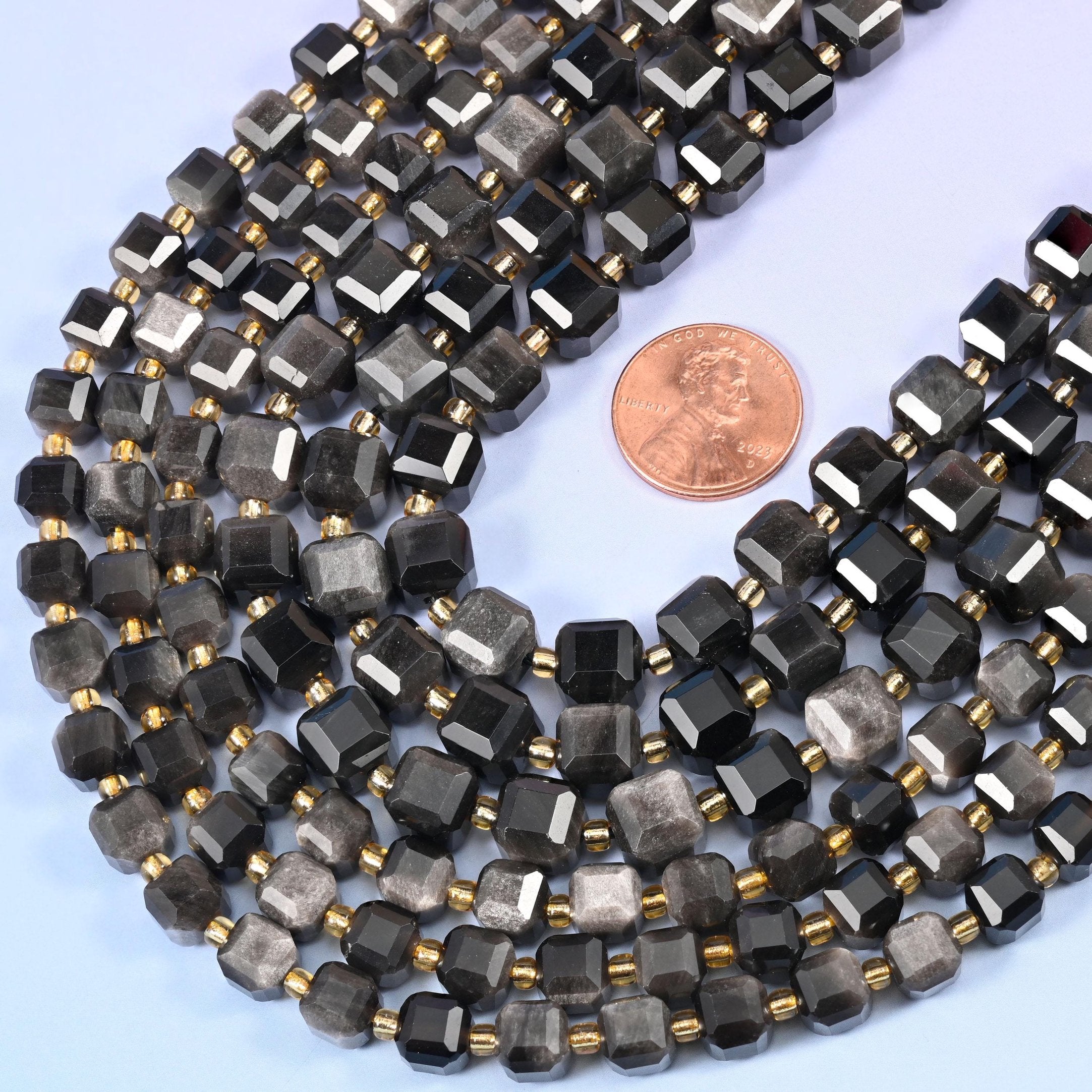 Faceted cube cut Silver Obsidian beads