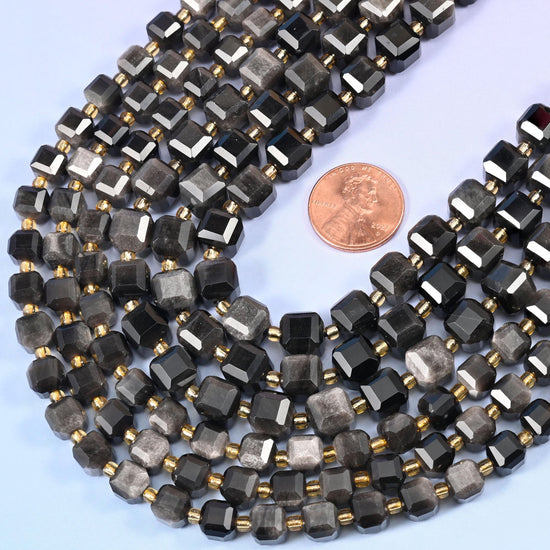 Faceted cube cut Silver Obsidian beads