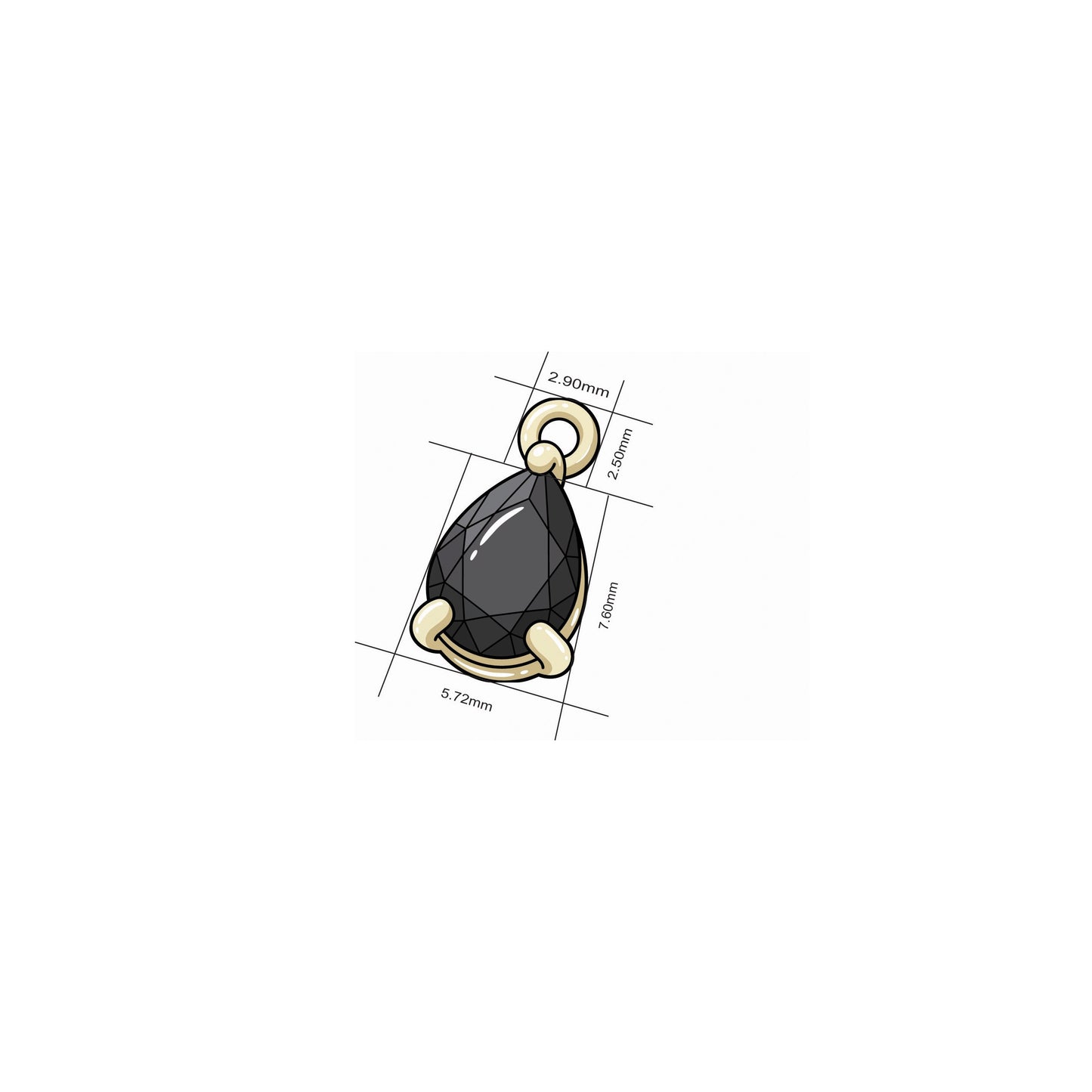Teardrop zirconia charm dimension diagram, a single black stone marked with its measurements.