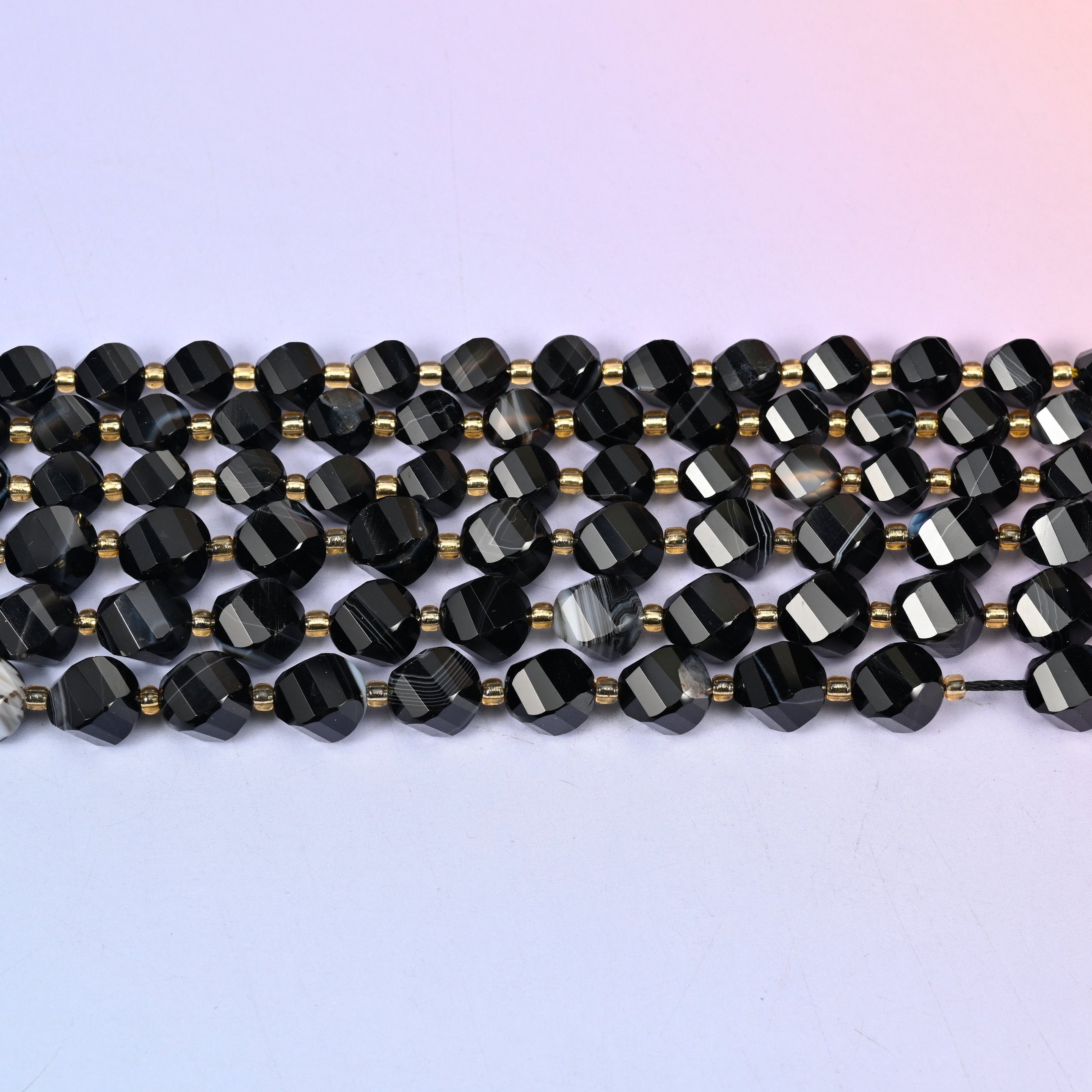 Dyed Black Strip Agate Faceted Spiral Twist Beads: Size 8mm 10mm, Jewelry Making, 15 inch Strand