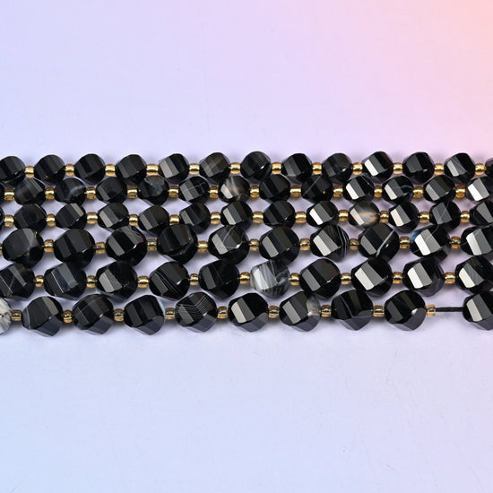 Dyed Black Strip Agate Faceted Spiral Twist Beads: Size 8mm 10mm, Jewelry Making, 15 inch Strand