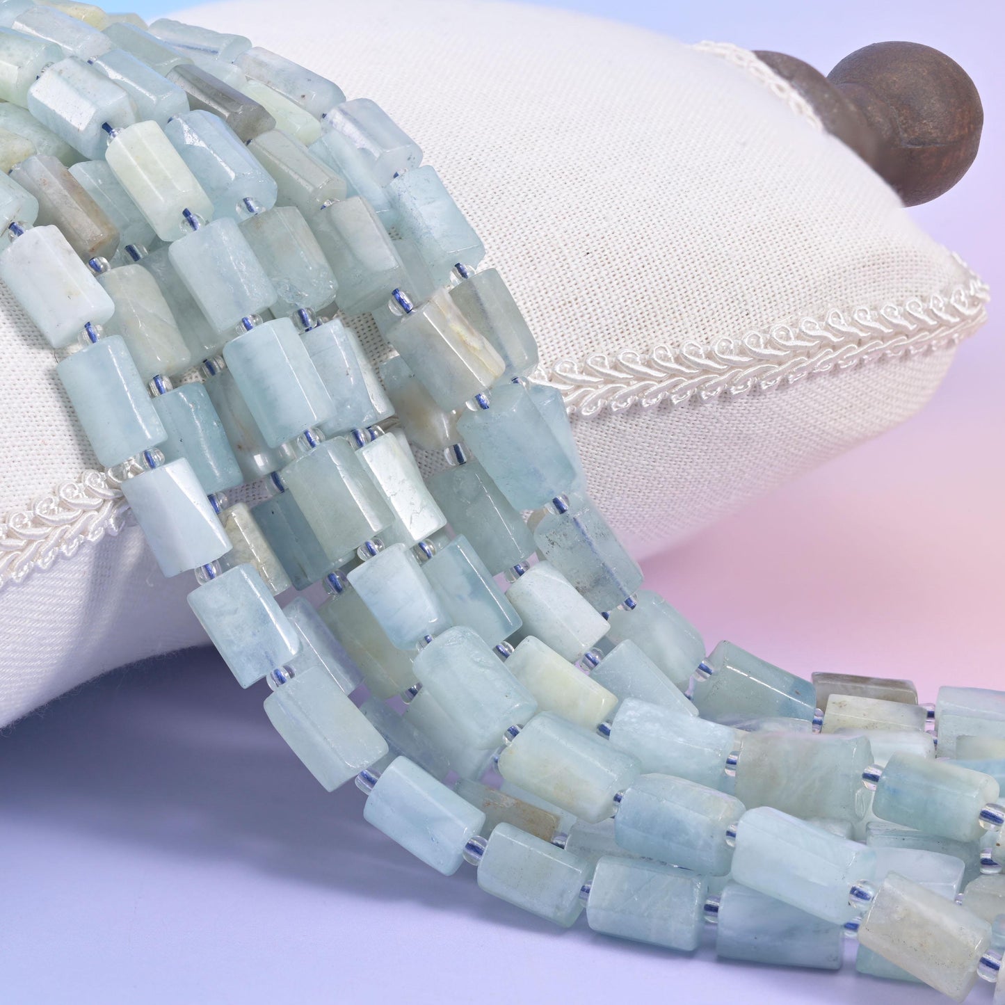 Blue Aquamarine faceted tube cylinder beads, sleek modern shape with natural colour variation