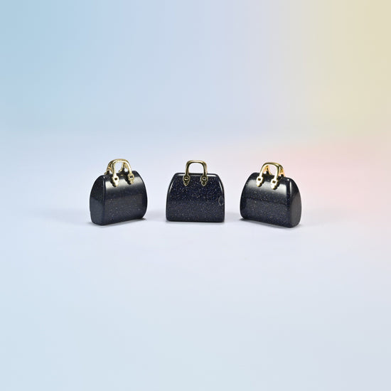 Three blue sandstone purse crystal carvings, 1 inch, dark blue man-made glass with sparkle, gold-tone handle