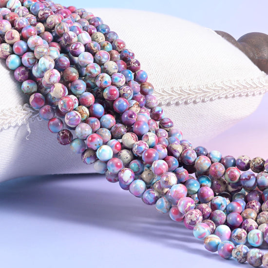 Purple Blue Sea Sediment Jasper Smooth Round Beads, colour-enhanced rose pink, sky blue and lavender marbling