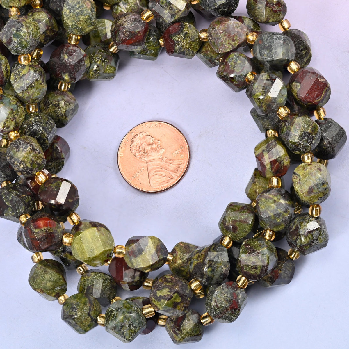 Dragon Bloodstone natural stone beads, 10mm spiral twist beads with colour variation from bead to bead
