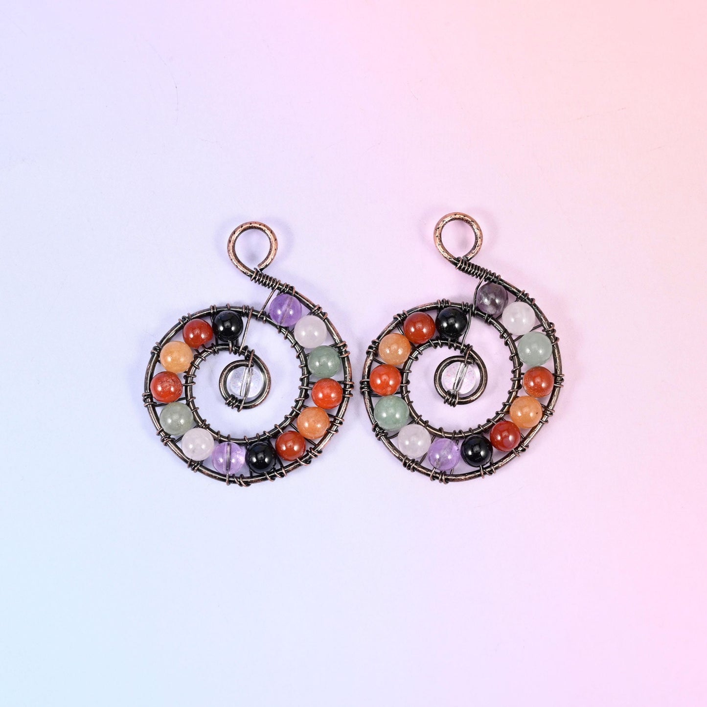 Chakra Gemstone Wired Spiral Pendant in violet, black, russet orange, cream and pale green