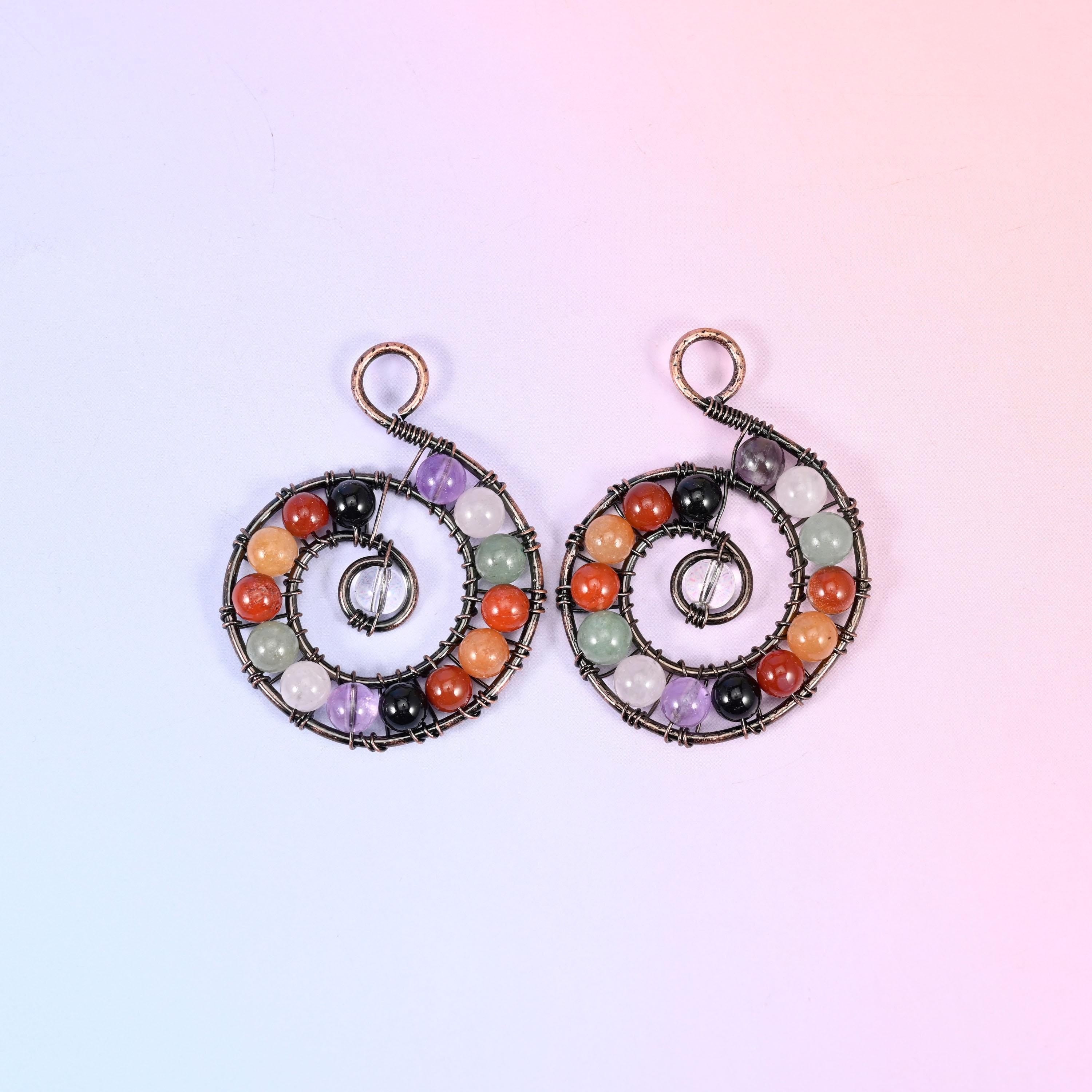 Chakra Gemstone Wired Spiral Pendant in violet, black, russet orange, cream and pale green