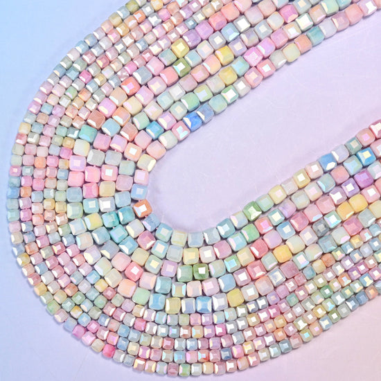 Colorful Opaque Faceted Cube Glass Beads, sold per 15 inch strand.