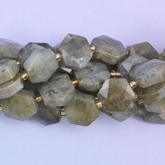 Flat faceted hexagon cut gray labradorite beads