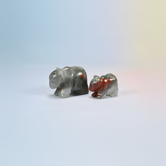 A 2 inch and a 1.5 inch African bloodstone bear crystal carving, gray-green natural stone with red patches