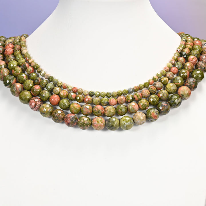 Unakite beads, faceted round, 4mm to 10mm