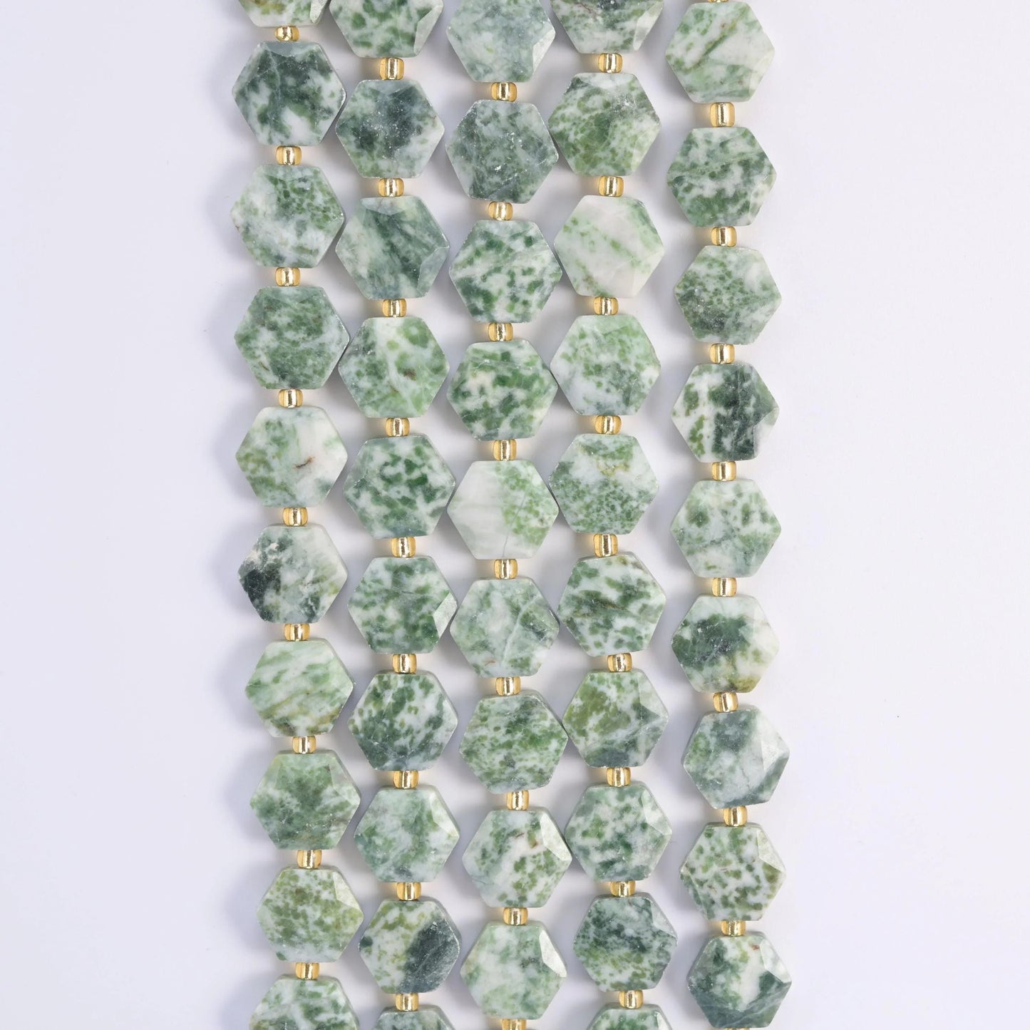 Moss Tree Agate hexagon beads, 15.5 inch strand.