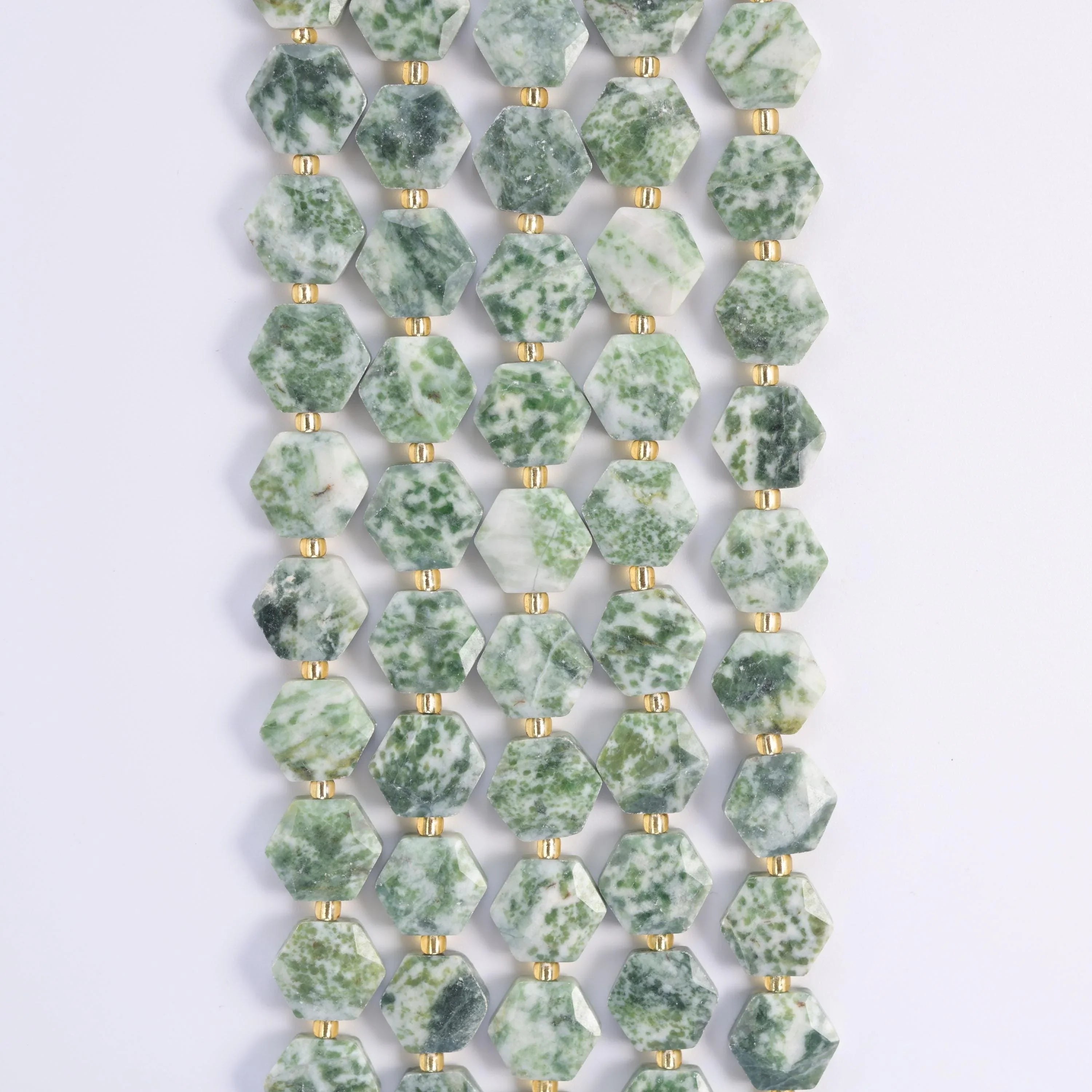 Moss Tree Agate hexagon beads, 15.5 inch strand.