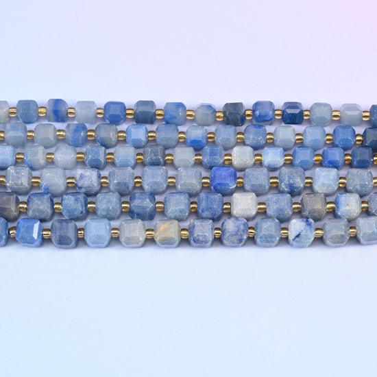 Blue Aventurine Faceted Cube Beads 6mm 8mm in denim and steel blue with chalky grey-white clouding