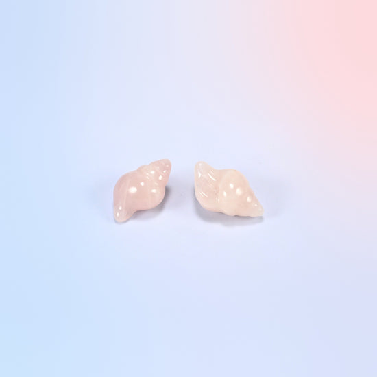 Two natural rose quartz conch shell crystal carvings, 1.5 inch, light pink