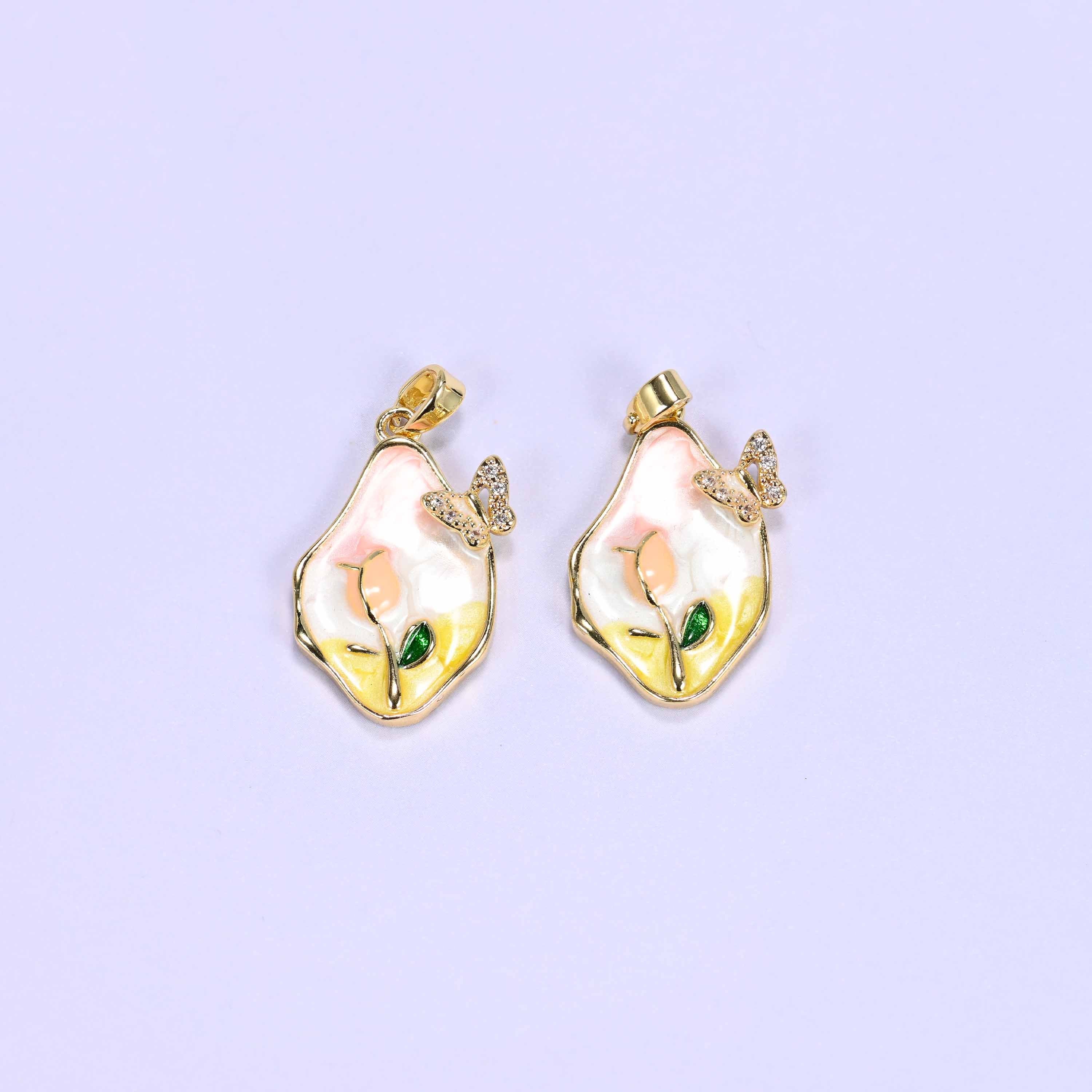 18K gold plated brass tulip butterfly charm, freeform frame