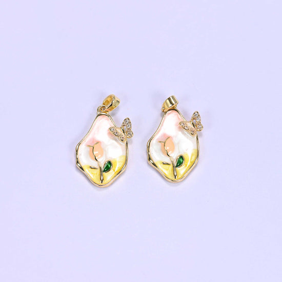 18K gold plated brass tulip butterfly charm, freeform frame