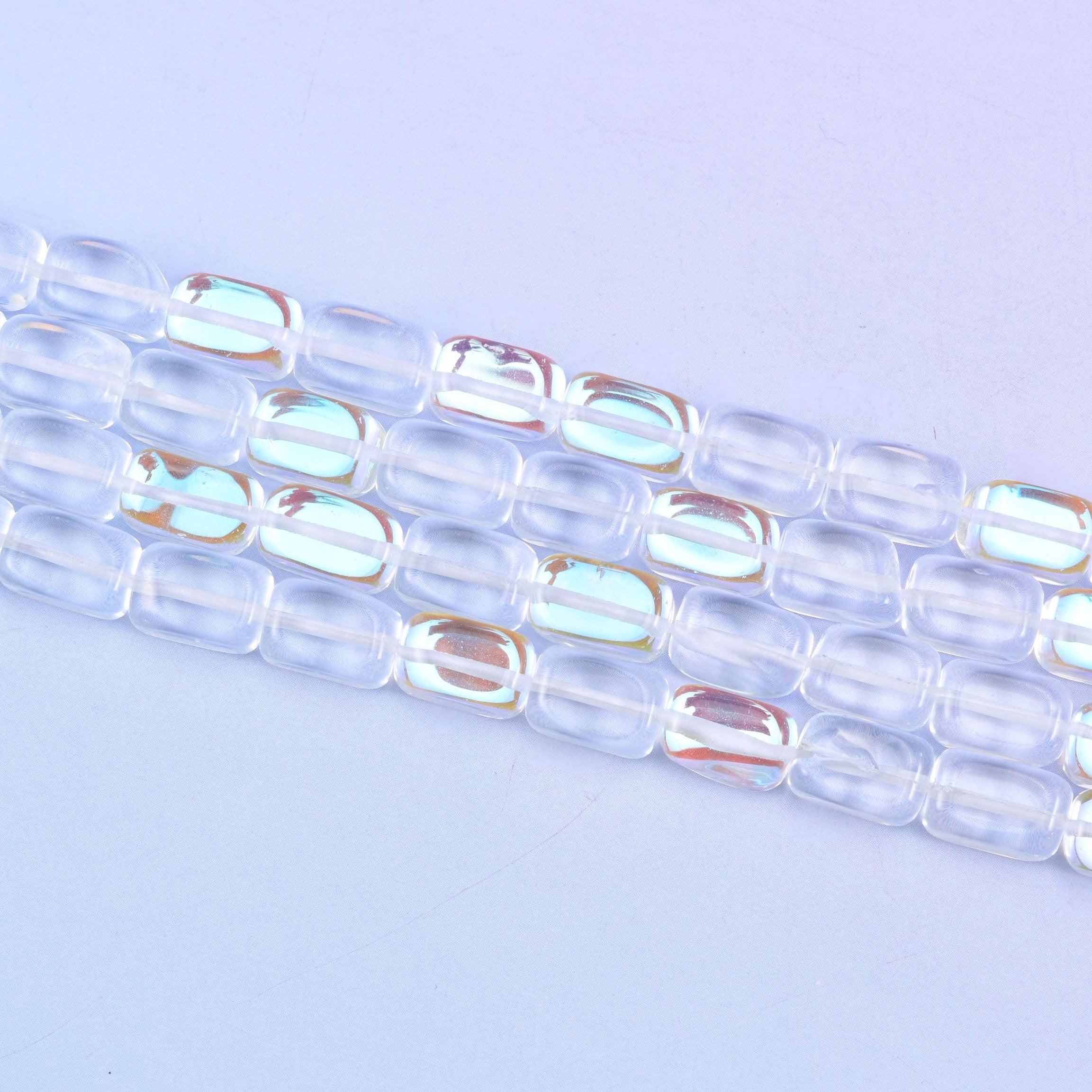 Clear Mystic Aura Rectangle Glass Beads 10-12mm in clear with a rainbow iridescent glow