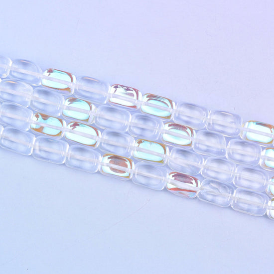 Clear Mystic Aura Rectangle Glass Beads 10-12mm in clear with a rainbow iridescent glow