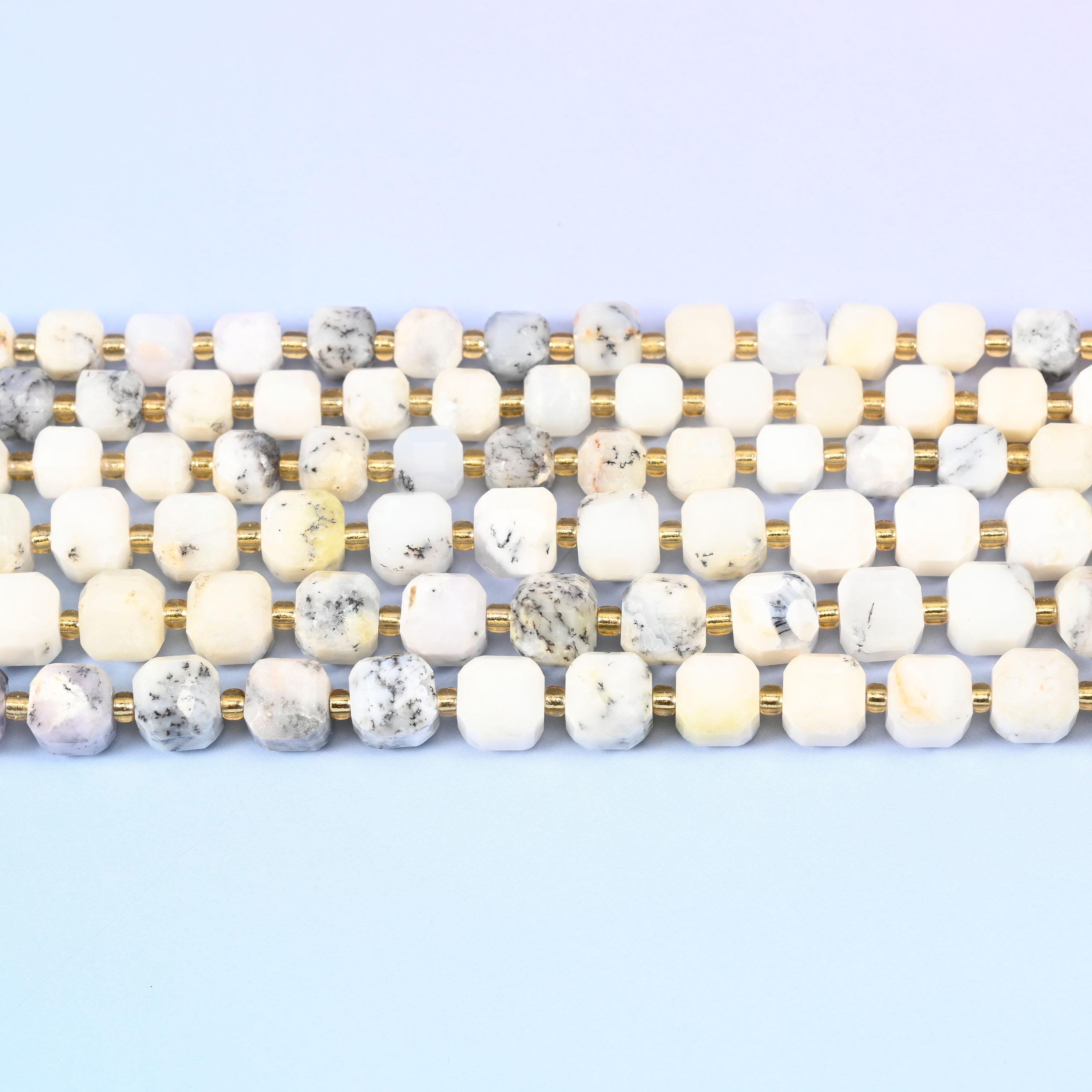 White Opal beads in creamy ivory with grey dendritic markings