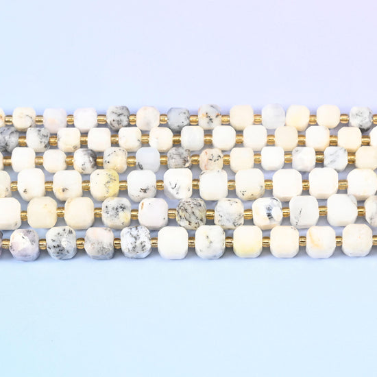 White Opal beads in creamy ivory with grey dendritic markings