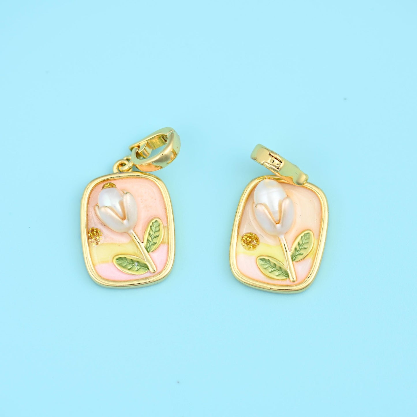 Rectangle Tulip Flower Pendant 18K Gold Filled Charm 20.51x14.55mm