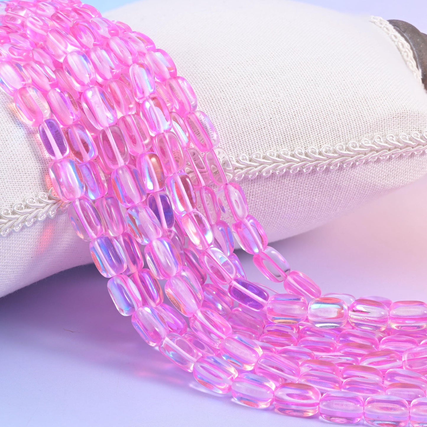 Pink Mystic Aura Rectangle Glass Beads, glossy glass with iridescent glow