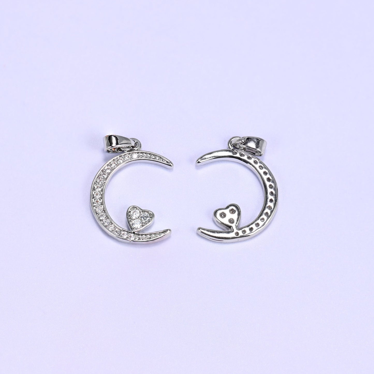 18K Gold Plated Brass Moon Heart Charm Pendant fully paved in sparkling clear zircon with a small heart accent nestled in the crescent
