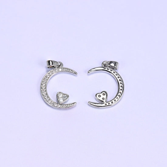 18K Gold Plated Brass Moon Heart Charm Pendant fully paved in sparkling clear zircon with a small heart accent nestled in the crescent