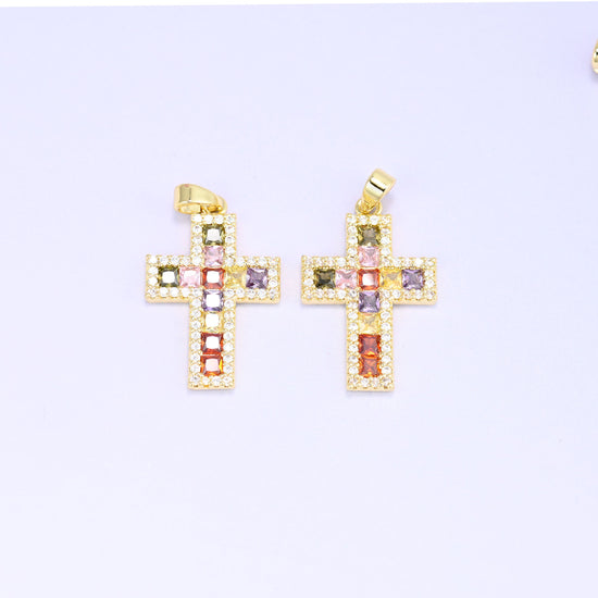Zirconia cross charms, two gold plated pendants shown front on with the flat bail at the top
