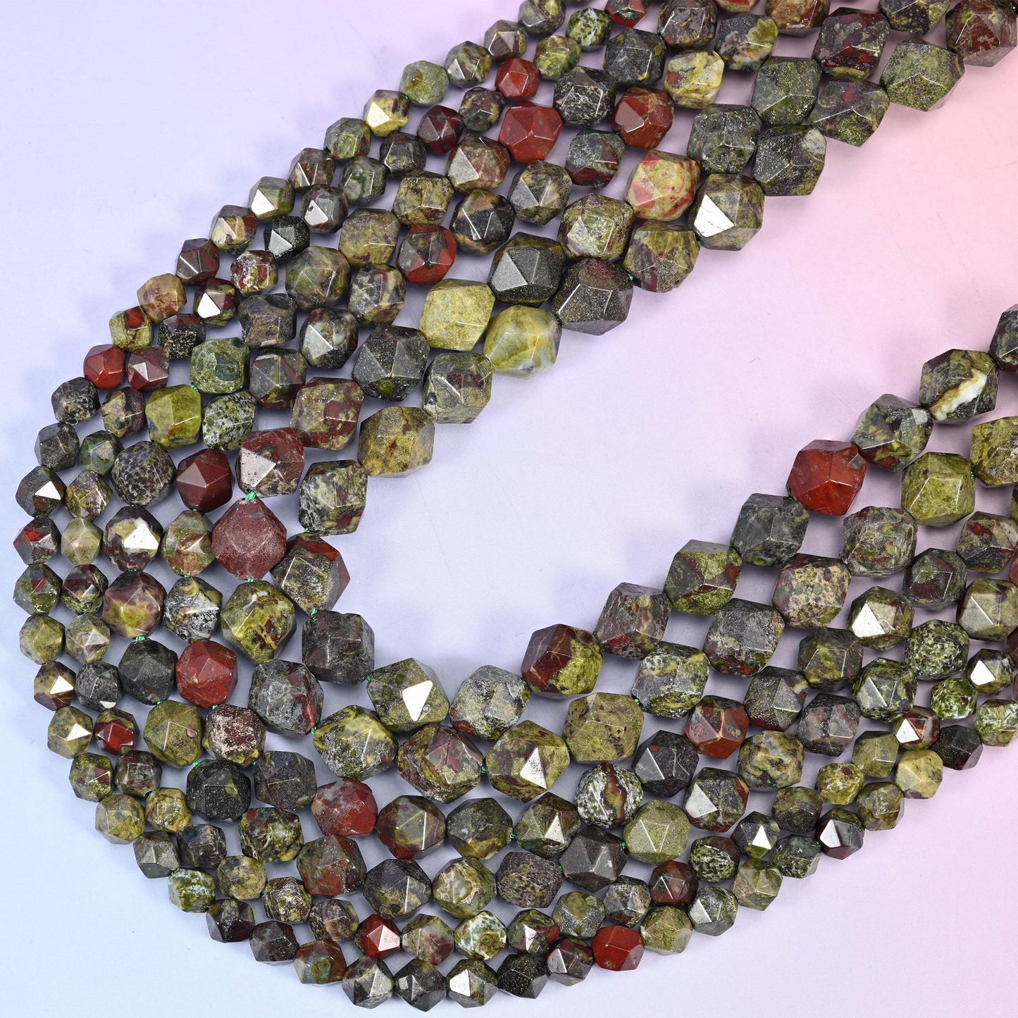 Dragon Bloodstone Faceted Diamond Star Cut Beads, 15.5 inch strand
