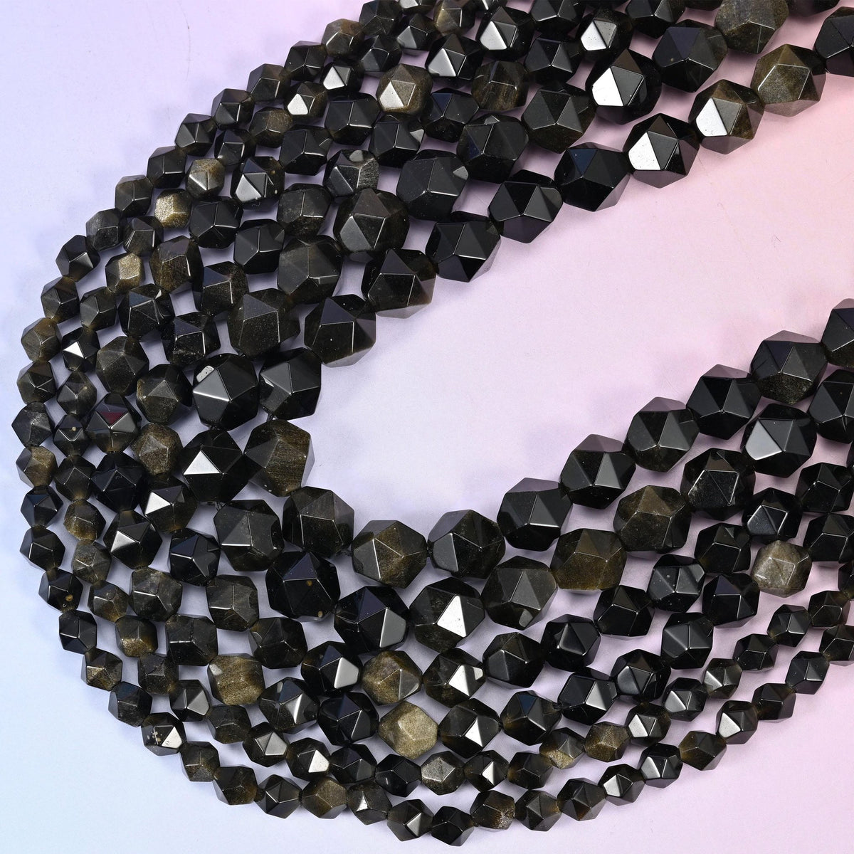 Gold Obsidian Faceted Diamond Star Cut Beads, 15.5 inch strand