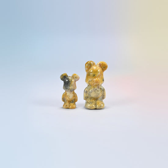 A 1.5 inch and a 2 inch crazy agate power bear crystal carving, golden yellow and gray natural agate