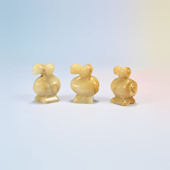 Three yellow jade dodo bird crystal carvings, 1.5 inch, honey yellow natural stone with soft banding